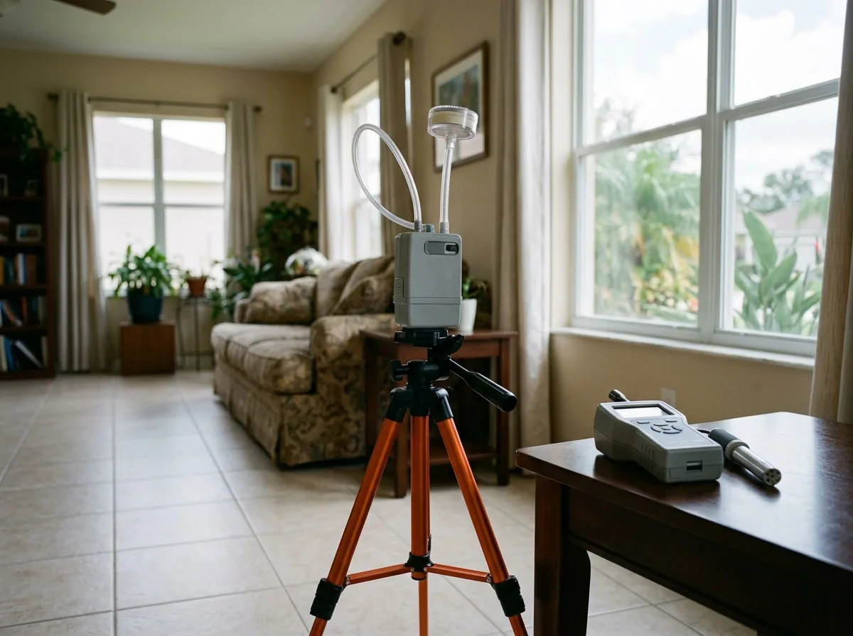 Indoor air quality sampling pump on a tripod in a living room, intake tube and cassette filter head fitted, a handheld particle counter on the table beside it