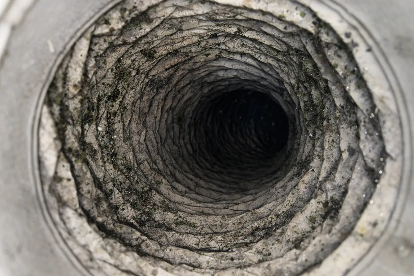 Dryer vent duct clogged with lint and mildew before cleaning
