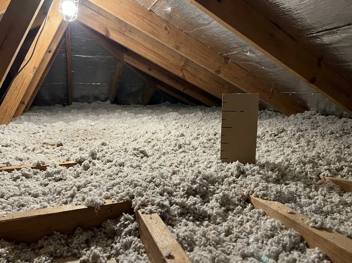 Freshly blown loose fill insulation covering the joists of a Florida attic in an even thick layer, a depth marker standing in it, radiant barrier decking above