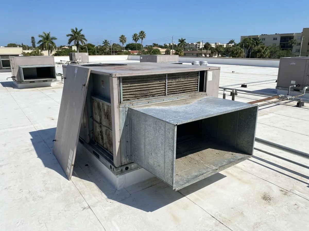 Rooftop HVAC package unit on a Florida commercial building with an access panel open, showing wide rectangular supply ductwork and the filter rack inside