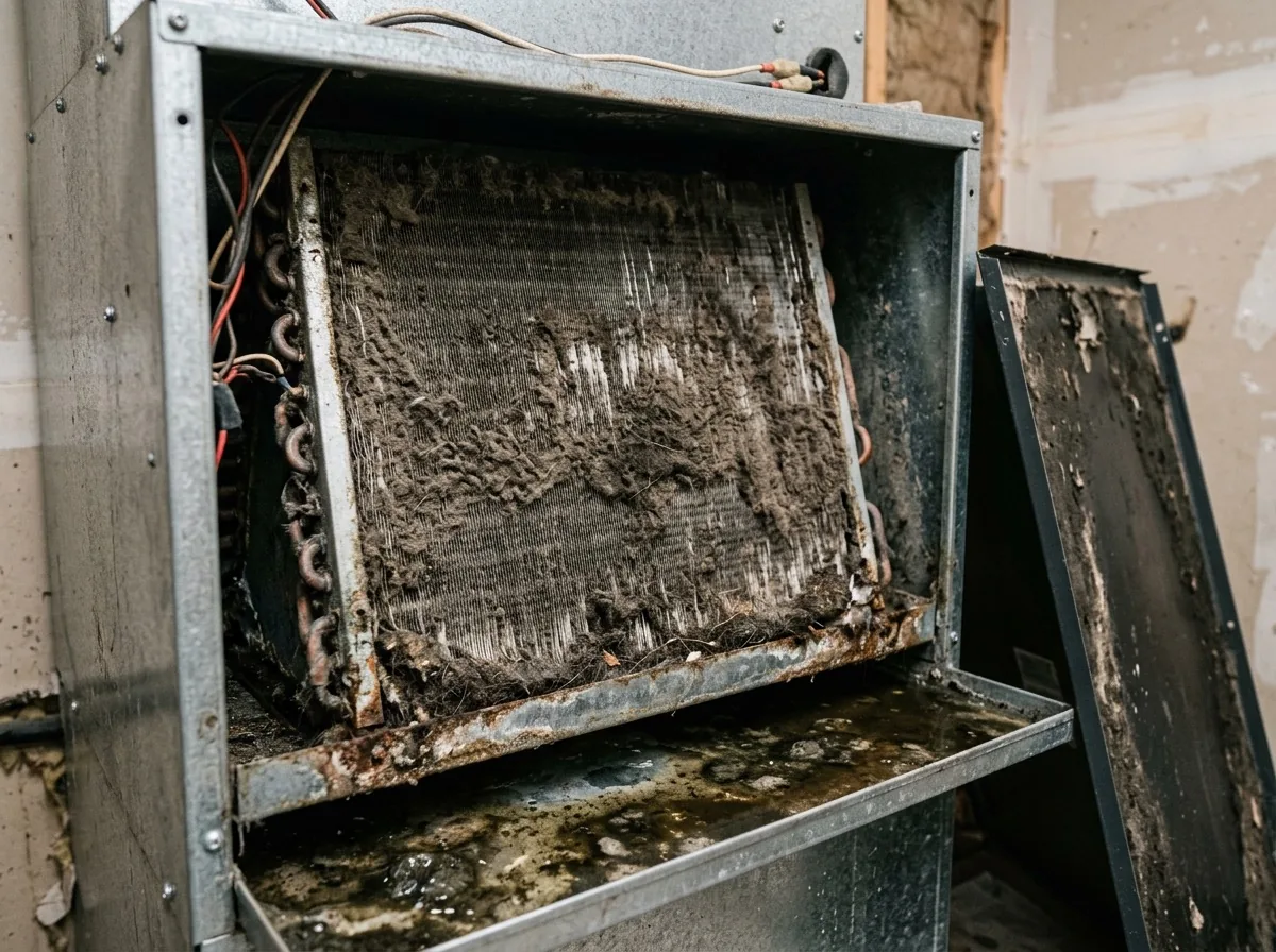 Evaporator coil inside an opened air handler, the aluminium fins matted with grey biological grime and dark staining, moisture in the drain pan below