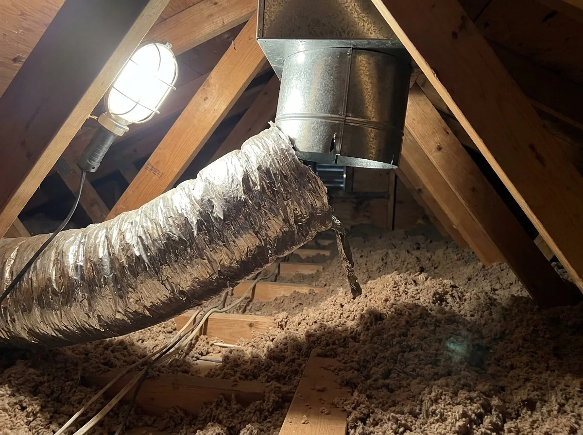 Flexible duct come apart at its collar in an attic, the insulated sleeve torn open and hanging loose from the sheet metal boot with a visible gap