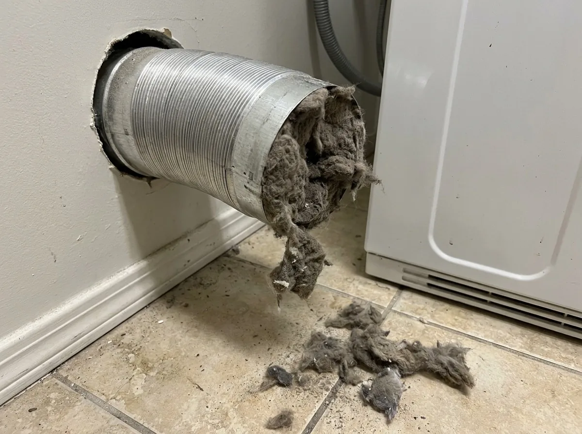 Dryer vent duct pulled from the wall packed solid with compacted grey lint, more lint spilling onto the laundry room floor