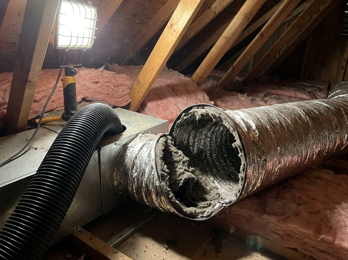 Flexible air duct opened at an access point, the interior wall coated in a heavy grey blanket of dust, with a negative air machine hose connected to the trunk line
