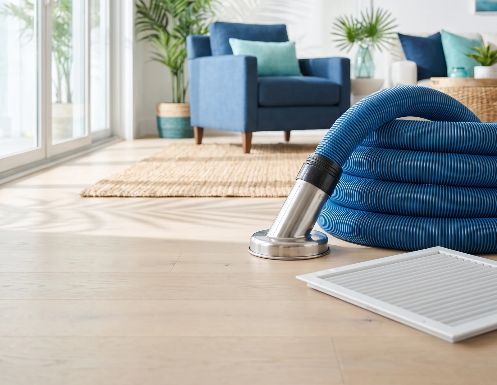 Bright Florida living room with sliding doors and palm shadows across a pale oak floor, a coiled blue negative-air hose and stainless nozzle beside a lifted white floor register