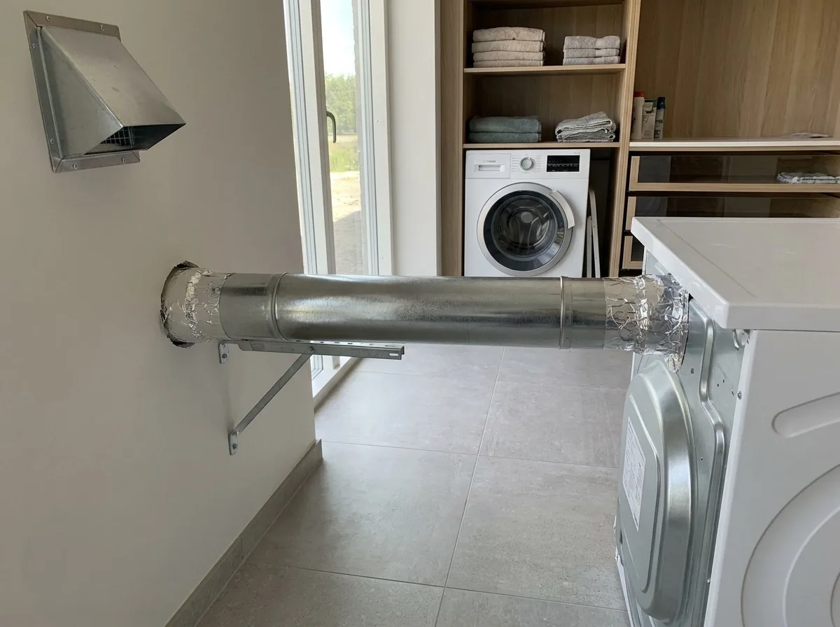 Newly installed rigid smooth wall metal dryer vent running from behind the dryer through the exterior wall, joints sealed with foil tape